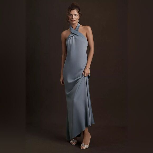 NWT Anthropologie BHLDN Ruby Twist Halter Satin Gown Dusty Blue Sz 14 - Picture 1 of 8